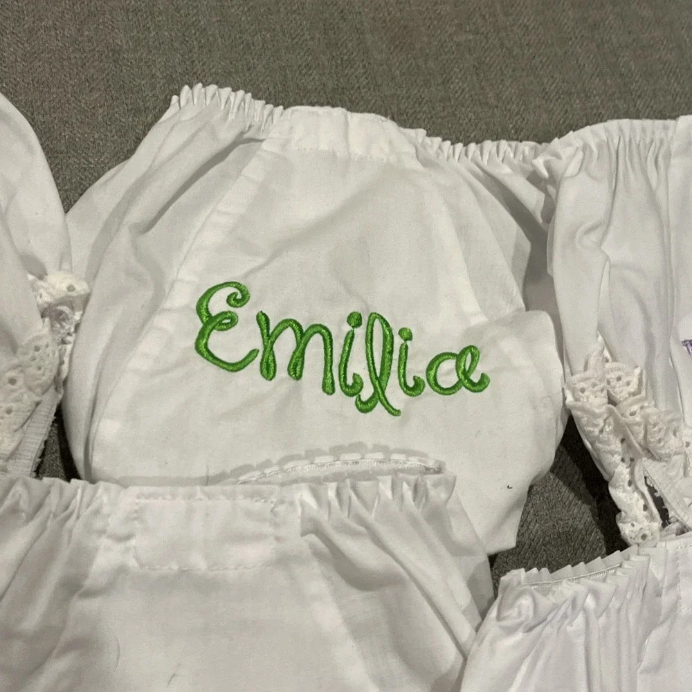 Monogrammed Emilia Baby Bloomers Size 2 +4 White Lace Trim, Set Of 8, New